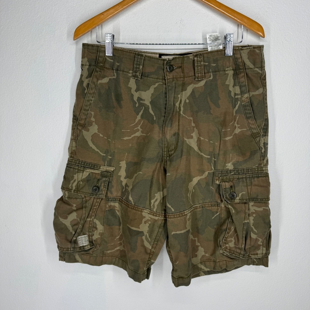 Levis Strauss Mens Camo Cargo Shorts W32 Green Brown 100% Cotton Utility Thick